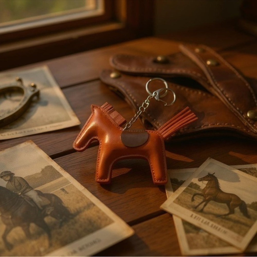 🆕AllMail Horse Keychain/bag charm, deep orange & brown vegan leather 🐎🧡🤎
